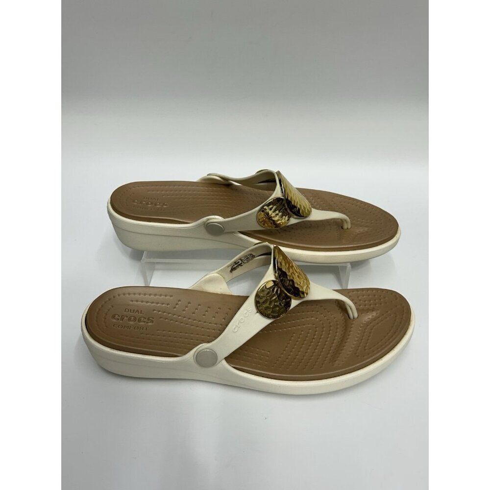 Crocs Sanrah Hammered Circle Gold Cream Wedge Thong Sandal Womens Size 11 - Picture 5 of 12
